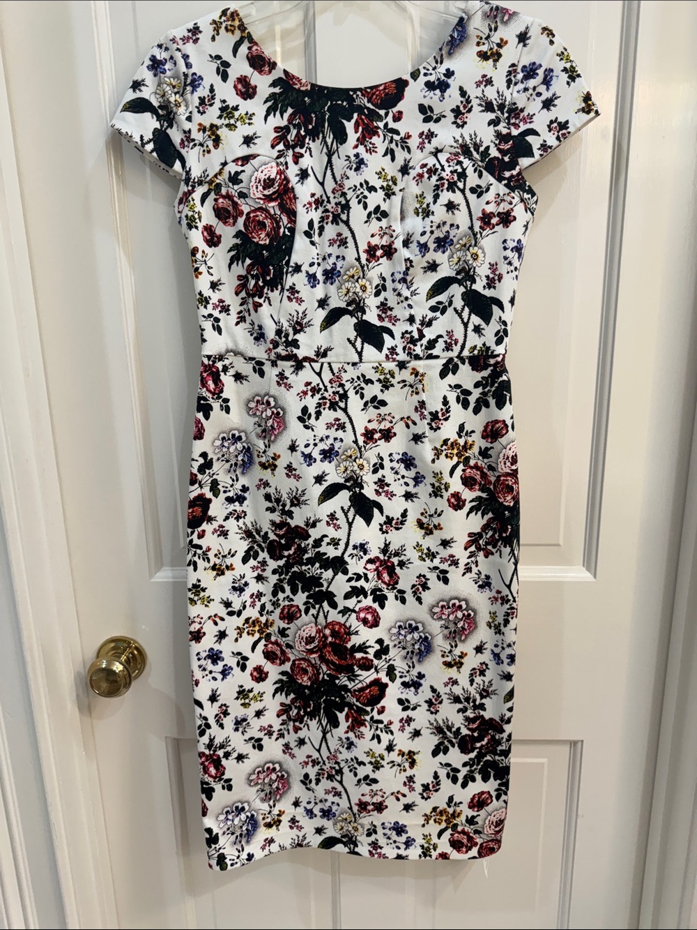 ERDEM White Floral Cap-Sleeve Sheath Dress with Black and Red Bouquet Print